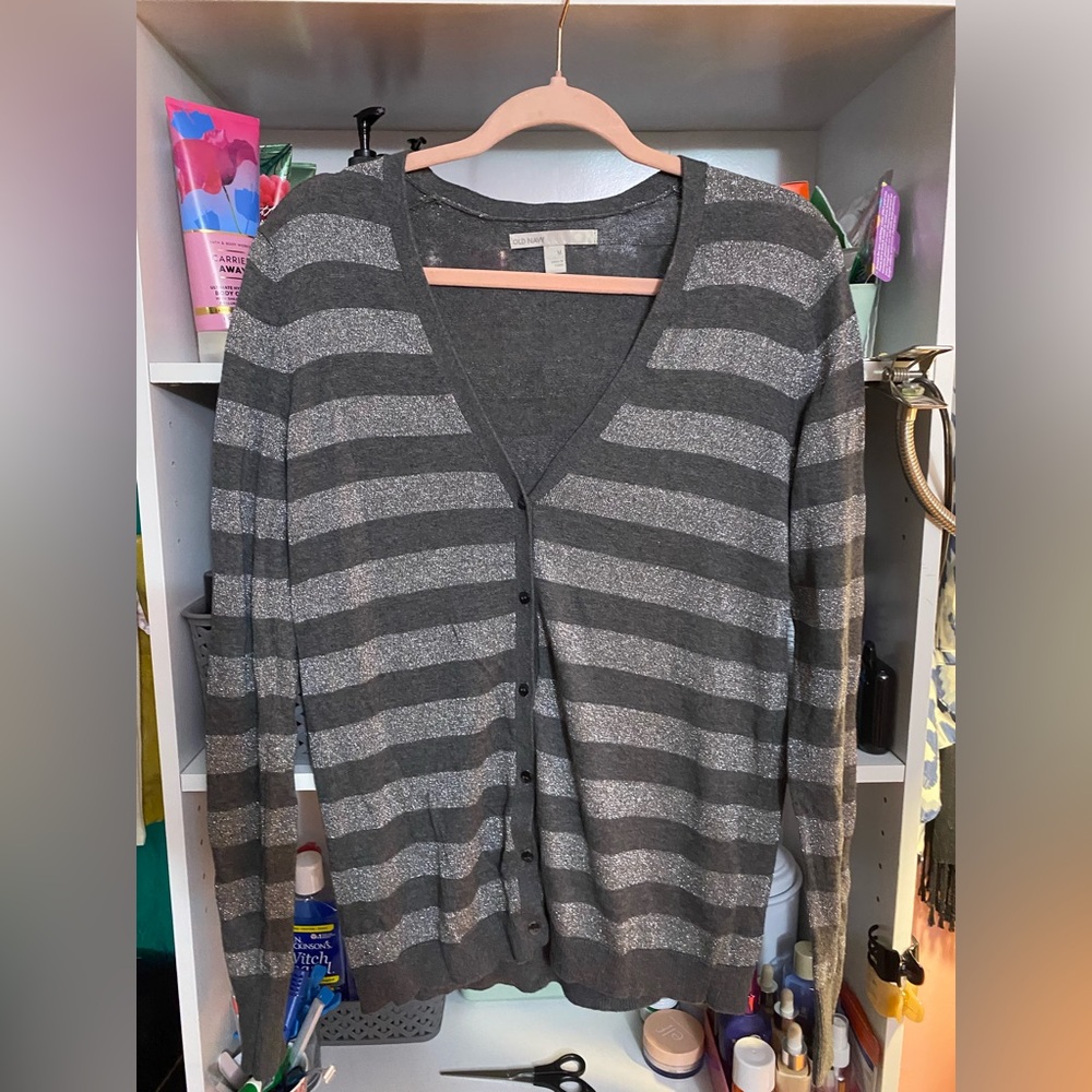 Old Navy Charcoal and Silver Striped Cardigan